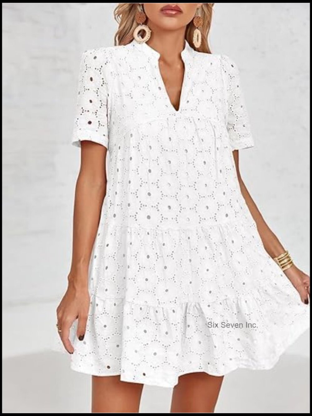 Summer Lace Eyelet Babydoll Swing V-Neck Tunic Dress - Picture 2 of 7